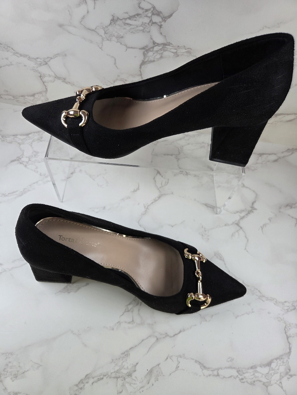 Black Suede Block Heel Pumps with Gold Bit Accent(B22)